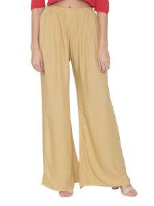 N-Gal Rayon Women's Wide Leg Elastic Waist Band Breathable Plain Palazzo Pant_Beige