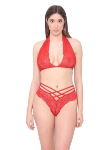 N-Gal Women's Sheer Floral Lace Underwear Lingerie Halter Bra Strappy Panty Set_Red