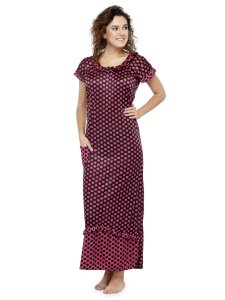 N-Gal Women's Satin Half Sleeves Polka Dot Nighty Night Dress Nightwear_Maroon_S