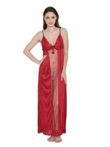 N-Gal Women's Satin Lace Deep Neck Ruffle Edge Nighty Night Dress Nightwear_Red