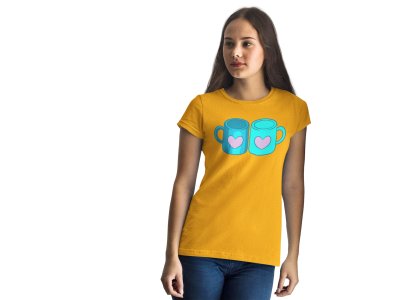 Blue Coffee Mug with Pink Heart Printed Yellow T-Shirts