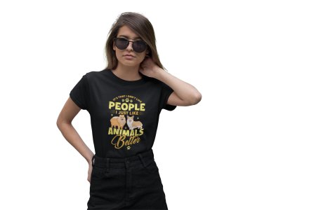 I just like animals better-Black-printed cotton t-shirt - comfortable, stylish