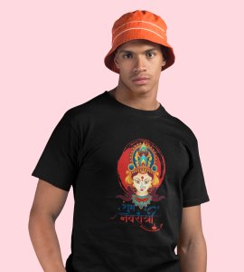 Shub Navratri (Maa durga face) printed unisex adults round neck cotton half-sleeve black tshirt specially for Navratri festival/ Durga puja