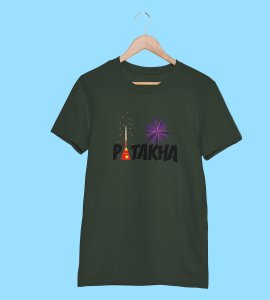 Patakha printed diwali themed unisex round neck blended green t-shirt specially for diwali festival