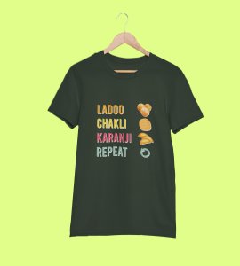 Laddoo, chakli, Karanji, repeat printed diwali themed unisex round neck blended green t-shirt specially for diwali festival