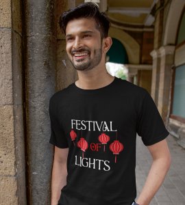 Diwali lanterns printed diwali themed unisex round neck blended black t-shirt specially for diwali festival