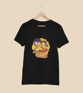 Diya light brighten with animated kids framed printed diwali themed unisex round neck blended black t-shirt specially for diwali festival