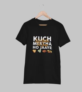 Kuch meetha ho jaye printed diwali themed unisex round neck blended black t-shirt specially for diwali festival