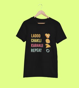 Colourful ladoo, chakli, karenji, repeat text printed diwali themed unisex round neck blended black t-shirt specially for diwali festival