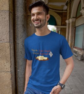 Keep the soan papdi printed diwali themed unisex round neck blended blue t-shirt specially for diwali festival