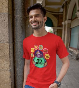 Animated fatty boy printed diwali themed unisex round neck blended red t-shirt specially for diwali festival