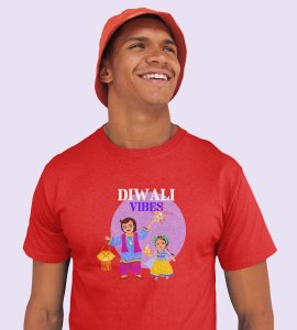 Traditional dressup combined father-daughter duo printed diwali themed unisex round neck blended red t-shirt specially for diwali festival