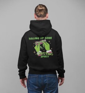 Actively Rolling Up Christmas Items in Joyful Preparation for the Holiday Season Printed Black Cotton Hoodie