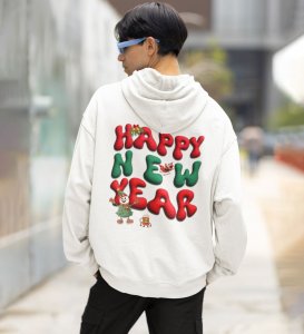 New Year Celebration with Snowman and Confetti Happy New Year Printed White Cotton Hoodie