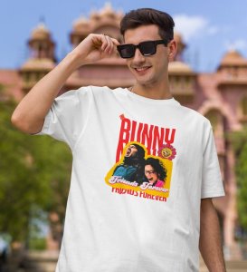 Bunny & Naina White Round Neck Cotton Half Sleeved Men T-Shirt with Printed Graphics