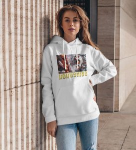 Eyes That Hold Shadows of Power Cotton White Hoodie for Women